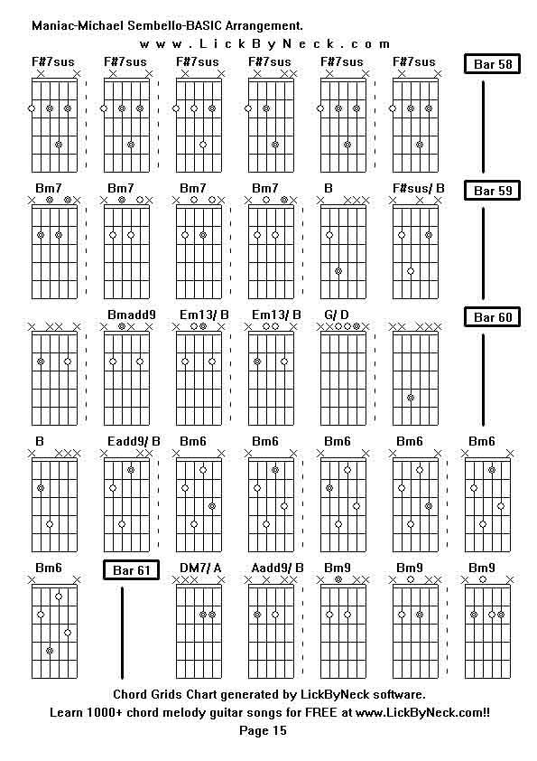 Chord Grids Chart of chord melody fingerstyle guitar song-Maniac-Michael Sembello-BASIC Arrangement,generated by LickByNeck software.